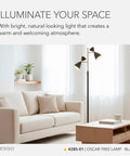 86 Inch Tall Tree Floor Lamp With Dual Adjustable Lights In Black And Antique Brass beside a sofa in modern living room