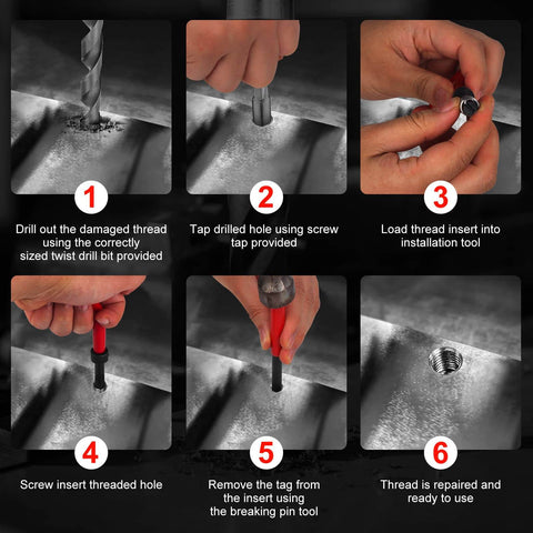 Steps using Pro Grade 15 Piece Thread Repair Kit For Damaged M12x1.75 Threads With Helicoil Inserts, including drilling and tapping.