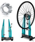 Pro Grade Bicycle Wheel Truing Stand with spoke wrench, removable metal frame, showcasing setup for MTB and road bikes.