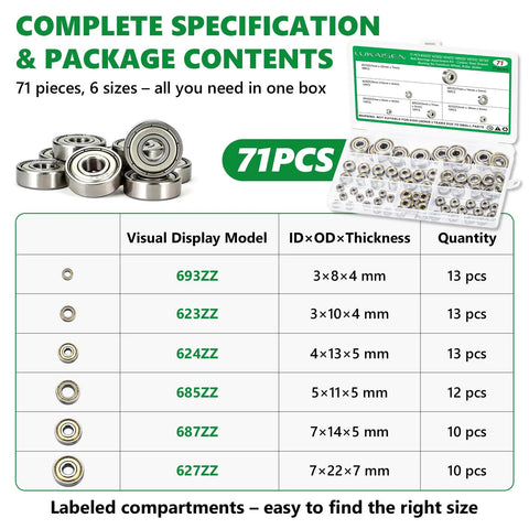 71 Piece Carbon Steel Ball Bearings Kit With Double Shielded Protection, Includes 693ZZ 623ZZ 624ZZ 685ZZ 687ZZ 627ZZ, Budget Friendly Bulk Replacement Set For Small Pulleys And Motors. Size chart and 71pcs case