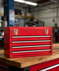 Heavy Duty 4 Drawer Metal Tool Box With Ball Bearing Slides And Lid Interlock Safety Design Built Tough Steel Chest Cabinet For Garage Workshop And Home Tool Storage Red on workbench in garage