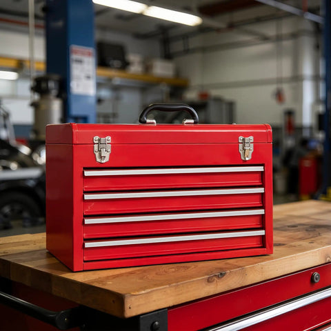 Heavy Duty 4 Drawer Metal Tool Box With Ball Bearing Slides And Lid Interlock Safety Design Built Tough Steel Chest Cabinet For Garage Workshop And Home Tool Storage Red on workbench in garage