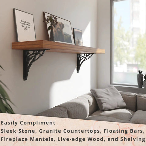 Heavy Duty Shelf Bracket Kit 12 x 12 Inch Set of Two, Cast Iron Finish supporting a wooden shelf above a couch in a living room.