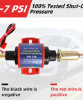 Micro Electric Gasoline Fuel Pump 35 GPH Four To Seven PSI Universal Five Sixteenth Inch Inlet Outlet Twelve Volt One To Two Amp Transfer Pump For Carbureted Rides Not For Fuel Injected Engines Fits Most Domestic Four Six And Eight Cylinder Engines, showing front view with wiring labeled.