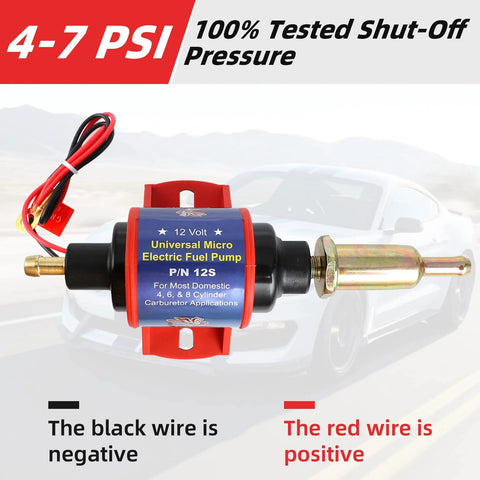 Micro Electric Gasoline Fuel Pump 35 GPH Four To Seven PSI Universal Five Sixteenth Inch Inlet Outlet Twelve Volt One To Two Amp Transfer Pump For Carbureted Rides Not For Fuel Injected Engines Fits Most Domestic Four Six And Eight Cylinder Engines, showing front view with wiring labeled.
