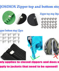 Zipper Repair Kit Size Five Twelve Piece Set With Sliders Top Stops And Bottom Stops For Coats And Jackets No Fuss Easy Quick Fix For Metal Plastic And Nylon Zipper Teeth, showing zipper top and bottom stops with sample zippers