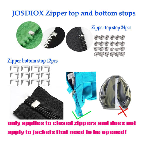 Zipper Repair Kit Size Five Twelve Piece Set With Sliders Top Stops And Bottom Stops For Coats And Jackets No Fuss Easy Quick Fix For Metal Plastic And Nylon Zipper Teeth, showing zipper top and bottom stops with sample zippers