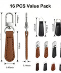 Leather Zipper Pull Replacement Kit With Detachable Clips 16Pcs Assorted Colors Easy Tool Free Install displayed with measurements