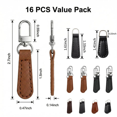 Leather Zipper Pull Replacement Kit With Detachable Clips 16Pcs Assorted Colors Easy Tool Free Install displayed with measurements