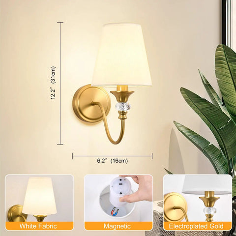 Battery Operated Wall Sconces Set of 2,Rechargeable Wireless Wall Sconces with 10000mAh RGB Dimmable Bulb and Remote,15 Colors Cordless Wall Lights for Bedroom,Bathroom,Living Room & Hallway(Gold) mounted on wall with white fabric shade.