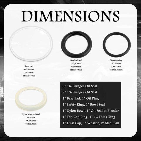 Sixteen Piece Hydraulic Jack Seal Kit For Three Ton Floor Jacks With O Ring Seals dimensions and parts list displayed