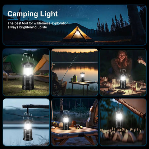 Portable LED Camping Lantern 2-Pack with Battery Operated Lights illuminating campsite in various outdoor settings.