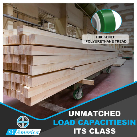 Wooden planks on cart with Heavy Duty Casters 8 Inch By 2 Inch, Aluminum Core, Polyurethane Tread, Beefy Thick Wheel visible