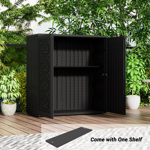 All Weather 62 Gallon Resin Deck Box For Outdoors, Waterproof Storage Cabinet For Patio Cushions, Garden Tools, Pool Gear, And Kids Toys, Black With One Shelf