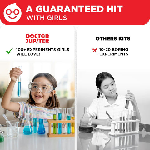 Girls First Amazing Science Experiments Kit For Ages 4 And Up With 100 Plus Mind Blowing Experiments To Spark Curiosity STEM Fun Easy Hands On Learning At Home And Build Confidence In Everyday Science Kid Friendly, blue kit with girl using test tubes