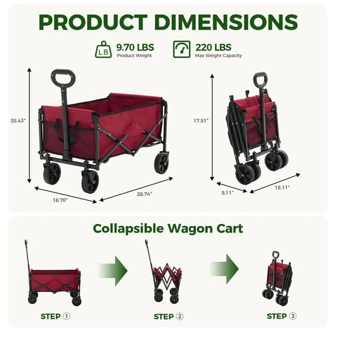 Collapsible Wagon Cart With 67L Storage And 220 Lb Weight Capacity Heavy Duty Folding Utility Wagon On Wheels, red, dimensions and usage steps