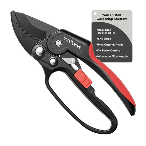 Image of Ratchet Pruning Shears For Thick Branches with orange grip, 3-step ratchet system, and aluminum alloy handles.