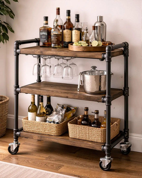 Bar cart using 10 Pack Black Malleable Iron Pipe Nipples 3/4 Inch by 12 Inch Threaded Both Ends for DIY Steampunk Industrial Projects