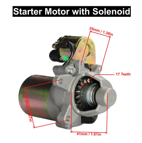 Electric Start Kit For Honda GX160 GX200 And Predator 212 With Flywheel Starter Motor Solenoid Key Switch Box And Charging Coil Fits 163cc 196cc Small Engines For Go Kart And Mini Bike showing starter motor with solenoid and dimensions.