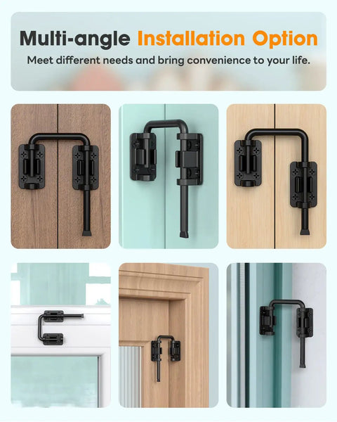 2.36 Inch U Patio Sliding Door Loop Lock Latch Stainless Steel Home Security Loop Bolt Lock for Barn Garden Fence Gate and Window Multi Angle Installation Black displayed in various installation settings