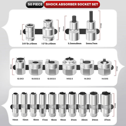 BILITOOLS 50-piece shock absorber socket set with ratchet adapters; silver metal top-mount/strut sockets