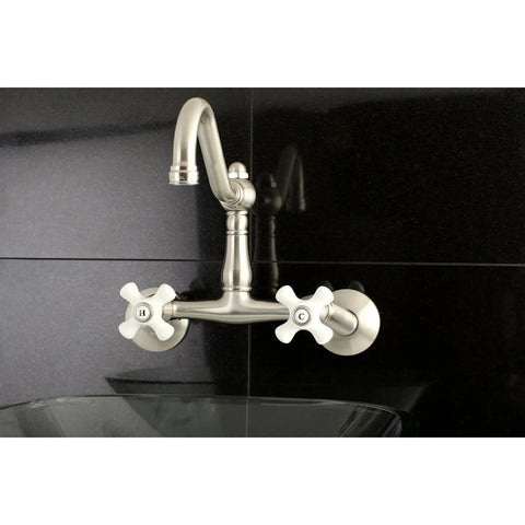 Old School Vintage Style Wall Mount Kitchen Faucet In Brushed Nickel, Swivel Victorian Spout, 11.75 Inch Reach