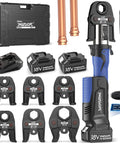 Pro Press Tool For Copper Pipes With 32kN Crimp Power 18V Brushless Motor Includes Six US Standard Jaws From One Half Inch To Two Inch 2x 4Ah Batteries Heavy Duty Propress Electric Pipe Crimping Kit For Fast Leak Free Plumbing