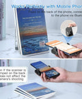 Mini Clip On Bluetooth Barcode Scanner 1D 2D QR PDF417 Data Matrix Wireless Reader attached to phone scanning book