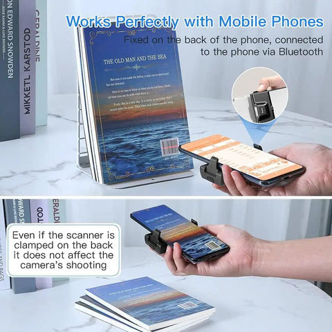 Mini Clip On Bluetooth Barcode Scanner 1D 2D QR PDF417 Data Matrix Wireless Reader attached to phone scanning book