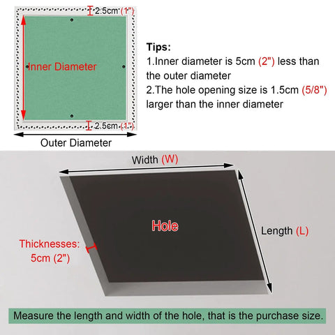 Diagram showing measurements for Straight Up Sleek Paintable Attic Access Door For Drywall Ceiling And Plumbing Inspection Panel.