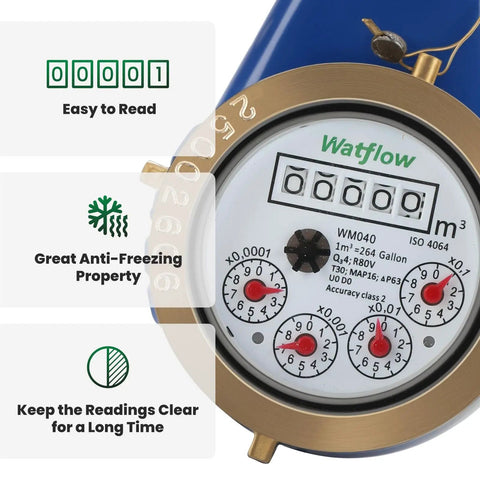 Close-up of Vertical Water Meter DN20 with 3/4 Inch NPT Couplings, heavy brass cold water meter with pulse output, ISO4064 certified.
