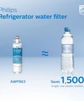 Philips refrigerator water filter AWP963 next to plastic bottle, illustrating replacement of single-use plastics.