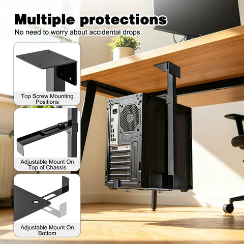 Dead Easy Under Desk PC Holder And Wall Mount Computer Tower Stand With 77 Lb Capacity adjustable height showing protective mounting features.