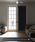 Blackout French Door Curtain With Self Adhesive No Drill Mount For Privacy And Thermal Insulation Perfect For Patio Kitchen Front Entry And Back Door Glass Windows Size 26 By 69 Inches One Panel In Black showing before and after installation effect