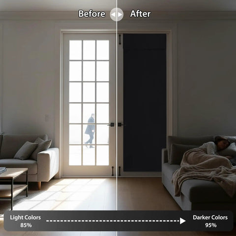 French Door Curtains No Drill Easy Install Privacy Blackout Shade Energy Saving For Kitchen Dining Nursery Bathroom Window Tie Up Panel 26 By 72 Inches Black One Panel installed on door showing before and after light blocking effect.