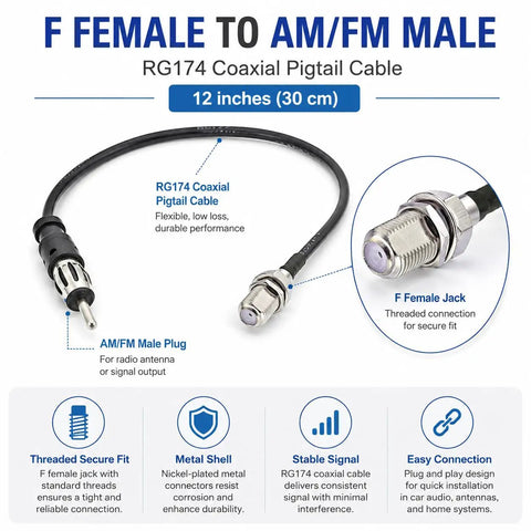 F To AM FM Adapter RG174 Coax Cable 12 Inch Pigtail Jumper For Radio Antenna RF Coaxial Cable Male To Female Connector