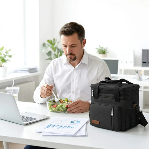 Man eating lunch at office with a Double Deck Insulated Lunch Bag With 15L Capacity, Leakproof Soft Sided Cooler for work.