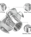 Heavy Hitting 1/4-20 T Nuts Twenty Five Pack, Top Notch 304 Stainless Steel Four Jaw Tee Fasteners displaying 4 prongs and deep thread.