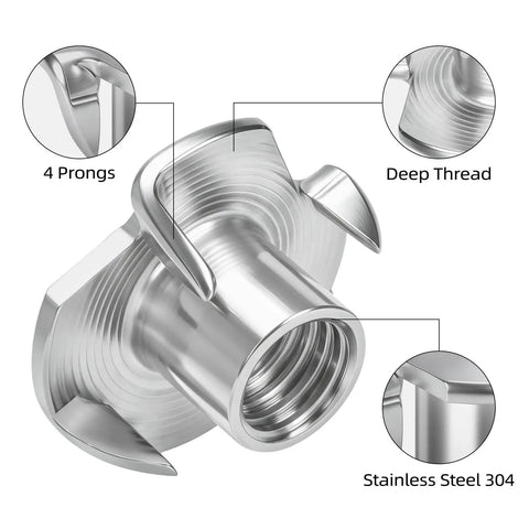 Heavy Hitting 1/4-20 T Nuts Twenty Five Pack, Top Notch 304 Stainless Steel Four Jaw Tee Fasteners displaying 4 prongs and deep thread.