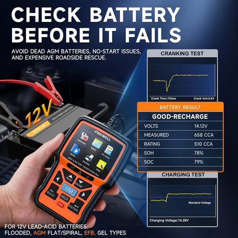 NT301 Plus 2 In 1 OBD2 Scanner And Battery Tester showing battery health results on screen