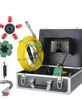 Heavy Duty Industrial Pipe Inspection Camera With 7 Inch Monitor Dual Lens 1080p HD IP68 Waterproof Sewer Drain Crawler Probe Kit in case with accessories.