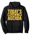 Black Wilderness Explorer Pullover Hoodie For Camping Fans And Outdoor Dads with yellow "Today's Agenda" design, cozy RV life sweatshirt.
