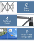 10x10 Foot Pop Up Canopy Tent No Fuss Setup Heavy Duty Sun Shade Shelter frame, reinforced corners, silver-coated fabric