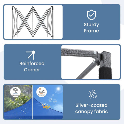 10x10 Foot Pop Up Canopy Tent No Fuss Setup Heavy Duty Sun Shade Shelter frame, reinforced corners, silver-coated fabric