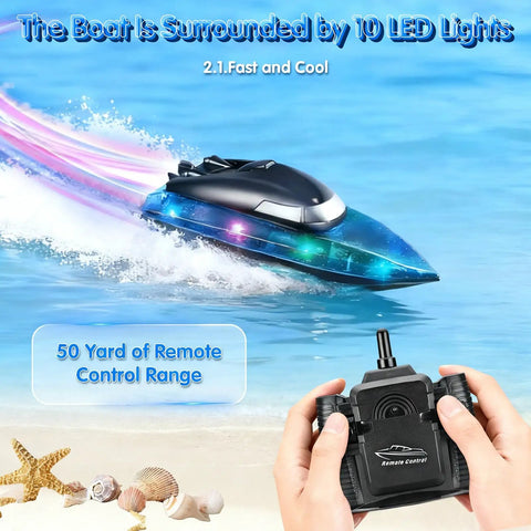 Remote Control Boat With 1800mAh Battery Transparent Hull 10 LED Lights Auto Reverse 2.4GHz Waterproof Racing Speedboat Toy