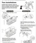 Instruction diagram for installing a NeverRust Deluxe Kitchen And Bathroom Sink Sponge Holder Organizer using suction cups and adhesive mount.