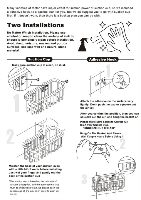 Instruction diagram for installing a NeverRust Deluxe Kitchen And Bathroom Sink Sponge Holder Organizer using suction cups and adhesive mount.