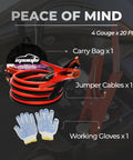 Beefed Up 4 Gauge Jumper Cables for Cars and SUVs, 20 Feet, with safety gloves and travel bag, fast jump start for dead batteries.