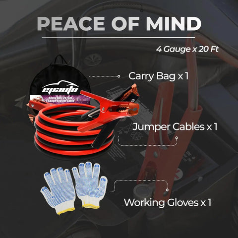 Beefed Up 4 Gauge Jumper Cables for Cars and SUVs, 20 Feet, with safety gloves and travel bag, fast jump start for dead batteries.