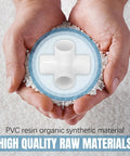 Hands holding PVC resin with a 20 Pack 1/2 Inch Four Way PVC Fittings For DIY Furniture overlay image.